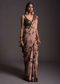 Copper Peach Saree In Satin With Floral Print And Olive Sequins Embellished Crop Top