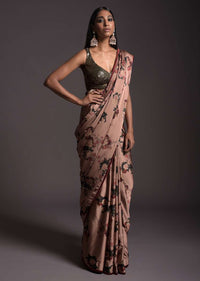 Copper Peach Saree In Satin With Floral Print And Olive Sequins Embellished Crop Top