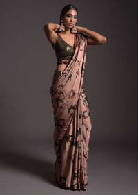 Copper Peach Saree In Satin With Floral Print And Olive Sequins Embellished Crop Top