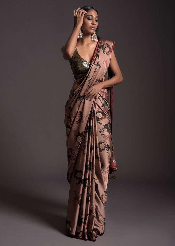 Copper Peach Saree In Satin With Floral Print And Olive Sequins Embellished Crop Top