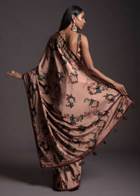 Copper Peach Saree In Satin With Floral Print And Olive Sequins Embellished Crop Top