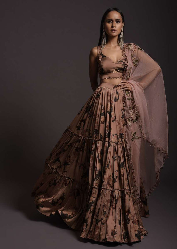 Copper Peach Tiered Skirt And Crop Top In Milano With Floral Print And Embroidered Organza Dupatta