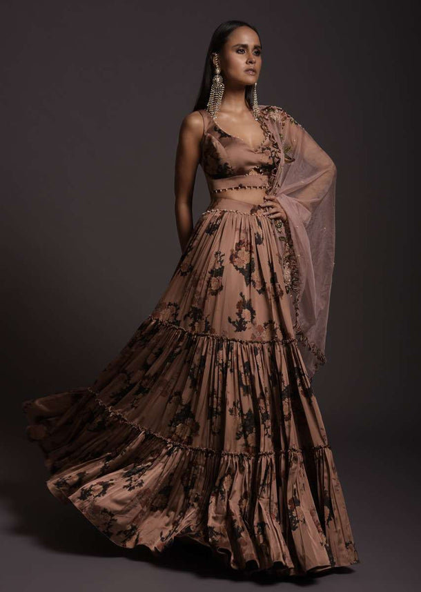 Copper Peach Tiered Skirt And Crop Top In Milano With Floral Print And Embroidered Organza Dupatta