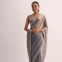 Copper Blue Embroidered Saree And Unstitched Blouse