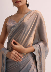 Copper Blue Embroidered Saree And Unstitched Blouse