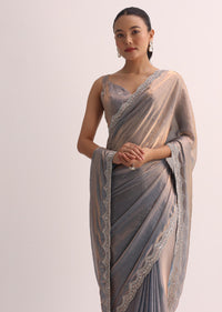 Copper Blue Embroidered Saree And Unstitched Blouse