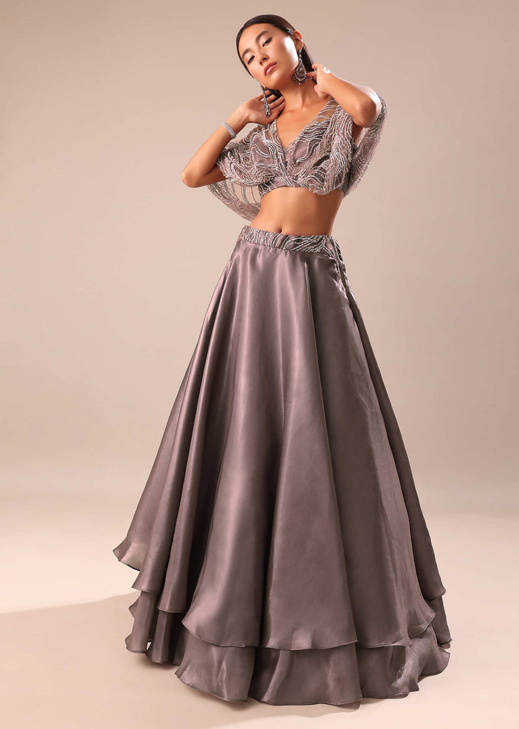 Copper Crepe Skirt With Butterfly Blouse