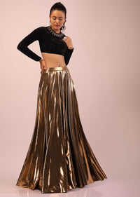 Copper Metallic Skirt And Black Velvet Crop Top Set With Criss Cross Tie Up On The Back