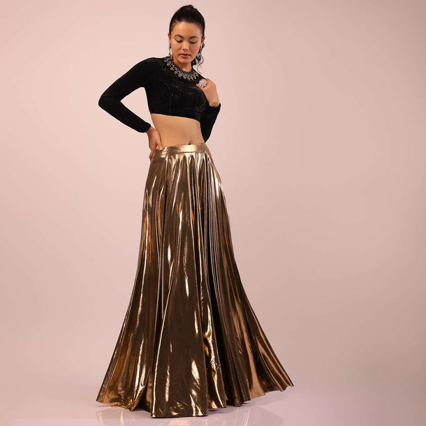 Copper Metallic Skirt And Black Velvet Crop Top Set With Criss Cross Tie Up On The Back