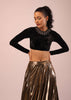 Copper Metallic Skirt And Black Velvet Crop Top Set With Criss Cross Tie Up On The Back