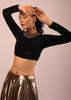 Copper Metallic Skirt And Black Velvet Crop Top Set With Criss Cross Tie Up On The Back