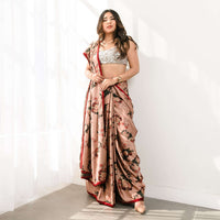 Copper Peach Saree In Satin With Floral Print And Olive Sequins Embellished Crop Top