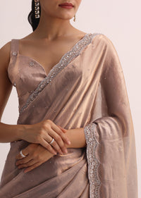 Copper Saree With Embroidered Border And Unstitched Blouse