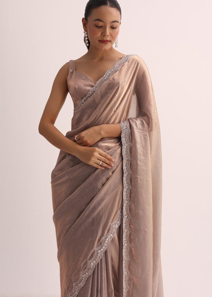 Copper Saree With Embroidered Border And Unstitched Blouse