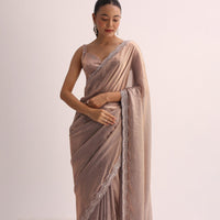 Copper Saree With Embroidered Border And Unstitched Blouse