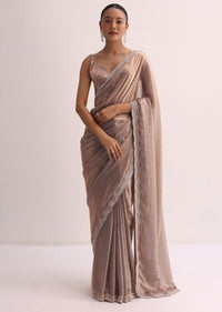 Copper Saree With Embroidered Border And Unstitched Blouse