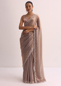 Copper Saree With Embroidered Border And Unstitched Blouse