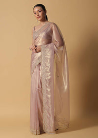 Copper Toned Foil Saree Fabricated In Tissue With Embroidered Borders