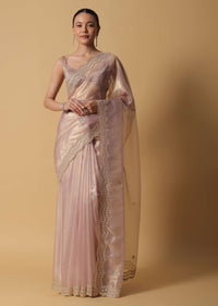 Copper Toned Foil Saree Fabricated In Tissue With Embroidered Borders