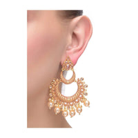 Coral And Gold Moon Shaped Earrings With Crystals And Dangling Pearls Online - Kalki Fashion