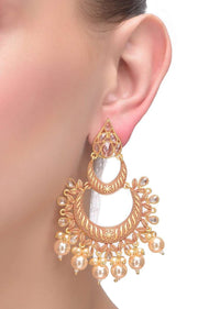 Coral And Gold Moon Shaped Earrings With Crystals And Dangling Pearls Online - Kalki Fashion