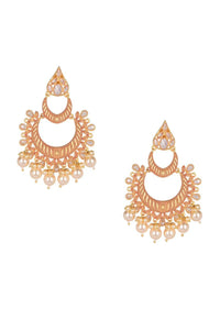 Coral And Gold Moon Shaped Earrings With Crystals And Dangling Pearls Online - Kalki Fashion