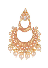 Coral And Gold Moon Shaped Earrings With Crystals And Dangling Pearls Online - Kalki Fashion