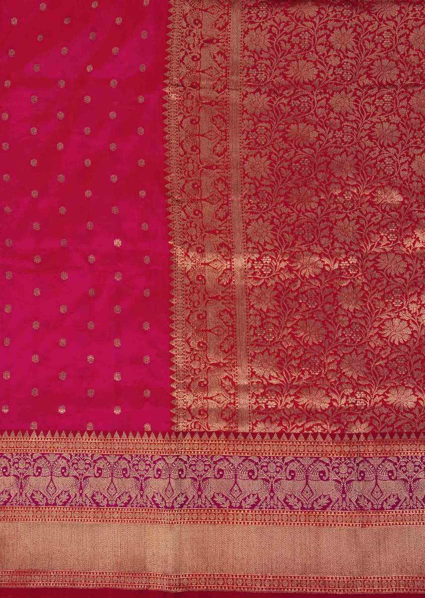 Coral banarasi silk saree in weaved floral butti