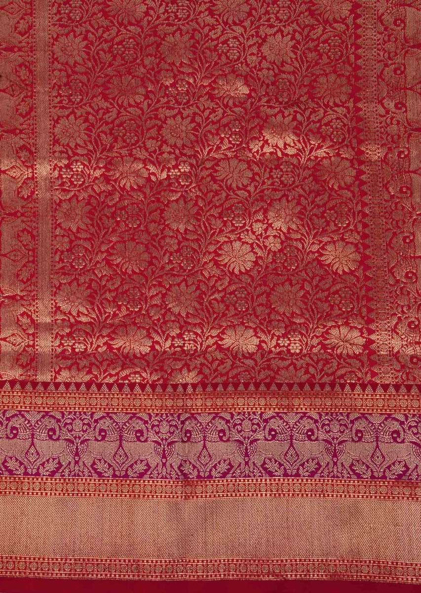 Coral banarasi silk saree in weaved floral butti