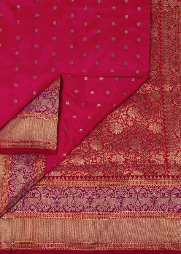 Coral banarasi silk saree in weaved floral butti