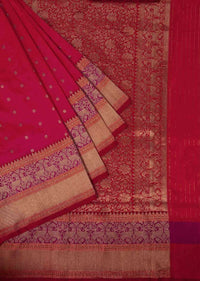 Coral banarasi silk saree in weaved floral butti only on Kalki