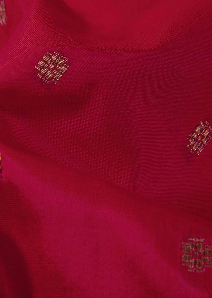 Coral banarasi silk saree in weaved floral butti