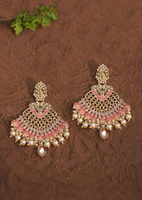 Coral Ethnic Earrings With Carved Scallop Pattern, Crystals And Dangling Pearls Online - Kalki Fashion