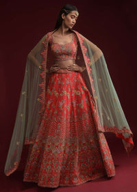 Coral Lehenga Choli In Raw Silk With Hand Embossed Embroidery In Floral And Geometric Motifs Online - Kalki Fashion