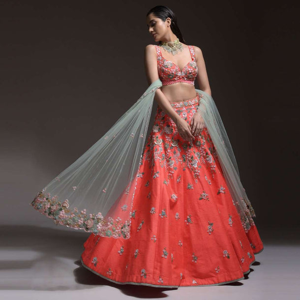 Coral Lehenga Choli With 3D Resham Flowers And Sequins Embroidered Summer Blossoms