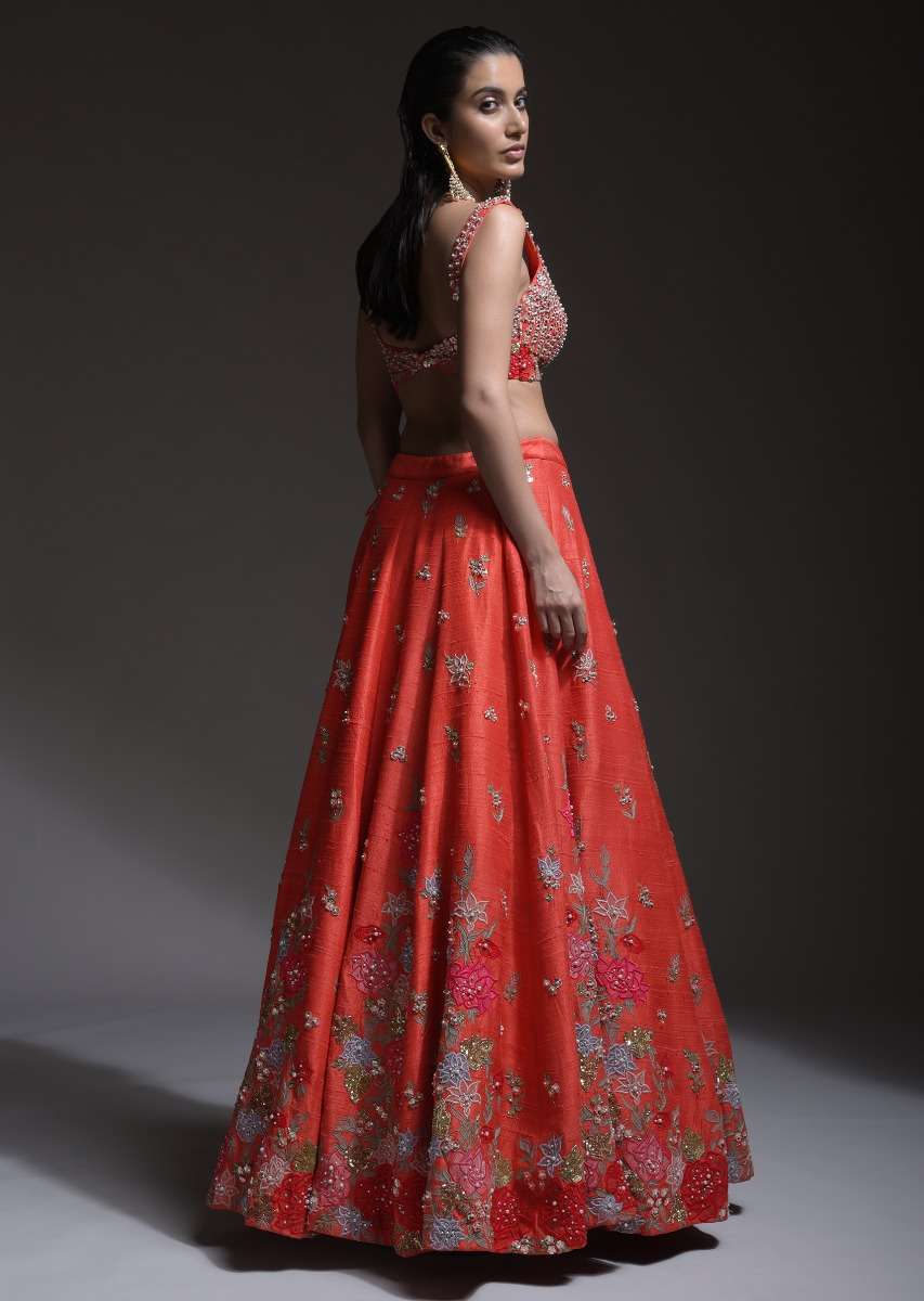 Coral Lehenga Choli With Resham Embroidered Summer Blossoms Along The Hemline And Scattered Buttis