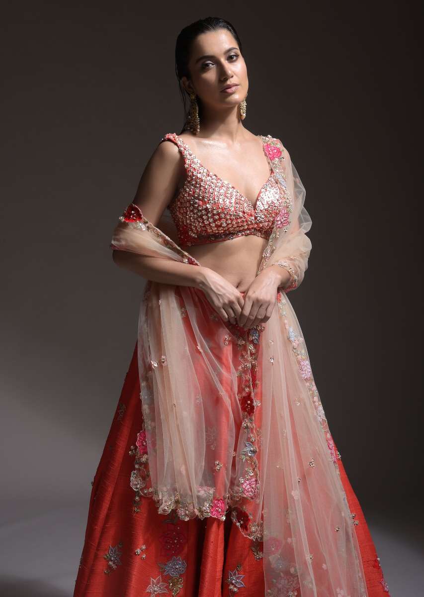 Coral Lehenga Choli With Resham Embroidered Summer Blossoms Along The Hemline And Scattered Buttis