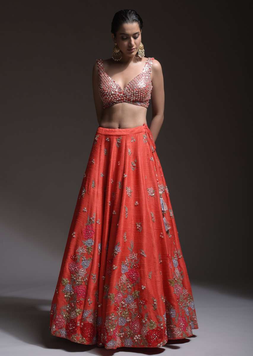 Coral Lehenga Choli With Resham Embroidered Summer Blossoms Along The Hemline And Scattered Buttis