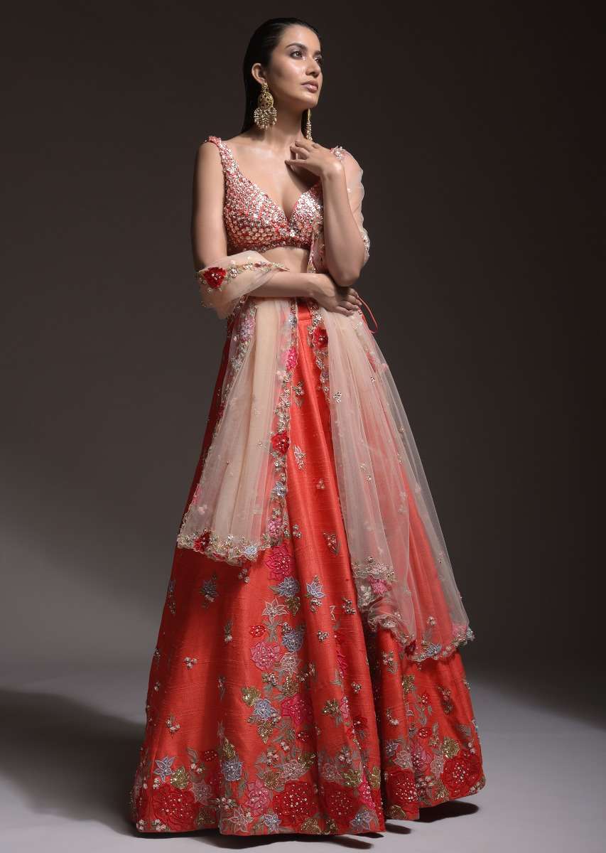 Coral Lehenga Choli With Resham Embroidered Summer Blossoms Along The Hemline And Scattered Buttis