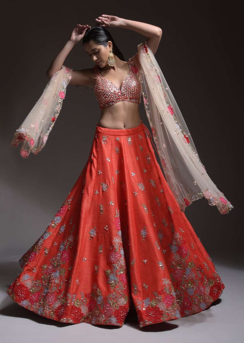 Coral Lehenga Choli With Resham Embroidered Summer Blossoms Along The Hemline And Scattered Buttis