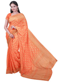 Coral orange georgette saree with weaved pattern only on Kalki