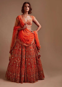 Coral Orange Lehenga Choli In Net With Mirror And Sequins Embroidered Floral And Mughal Embroidery Along With Belt Detailing