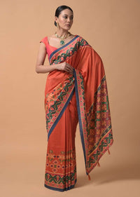 Coral Orange Saree In Silk With Printed Patola Design On The Border Online - Kalki Fashion