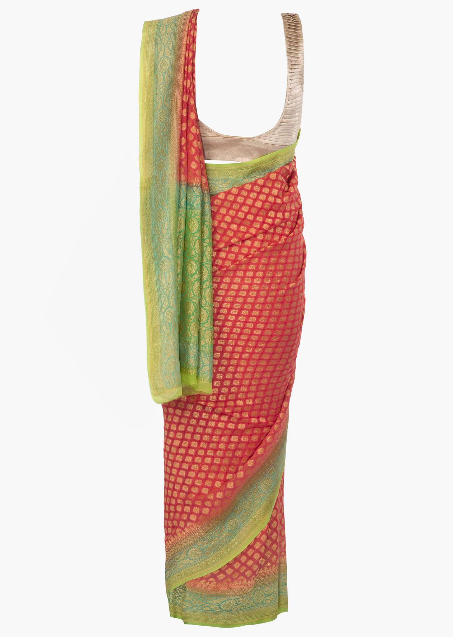 Coral peach saree in georgette embellished in weaved butti all over