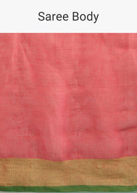 Coral Peach Saree In Linen With Golden Brocade Border And Striped Pallu Along With Green Unstitched Blouse Online - Kalki Fashion