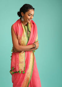 Coral Peach Saree In Linen With Golden Brocade Border And Striped Pallu Along With Green Unstitched Blouse Online - Kalki Fashion