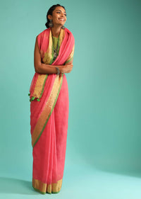 Coral Peach Saree In Linen With Golden Brocade Border And Striped Pallu Along With Green Unstitched Blouse Online - Kalki Fashion