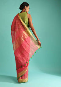 Coral Peach Saree In Linen With Golden Brocade Border And Striped Pallu Along With Green Unstitched Blouse Online - Kalki Fashion