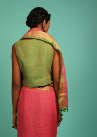 Coral Peach Saree In Linen With Golden Brocade Border And Striped Pallu Along With Green Unstitched Blouse Online - Kalki Fashion