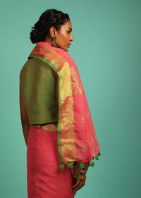 Coral Peach Saree In Linen With Golden Brocade Border And Striped Pallu Along With Green Unstitched Blouse Online - Kalki Fashion